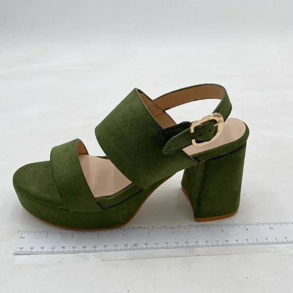 FOWT Green Open Toe Platfrom Sandal Chunky Heel Slingbacks Buckle Wide Band Shoe - Picture 2 of 8